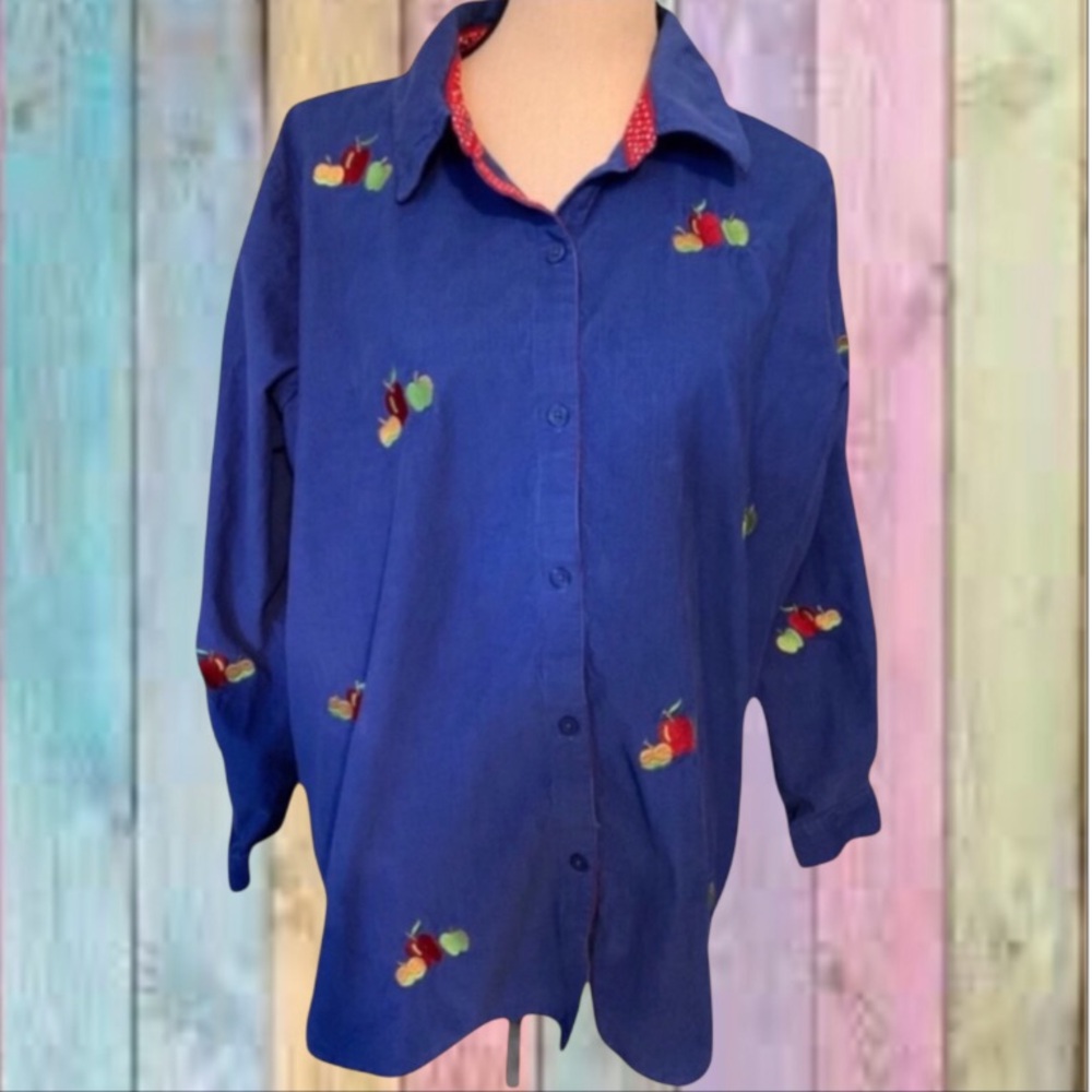 Quaker Factory Blue Corduroy Apple Embroidery Button Collar Top